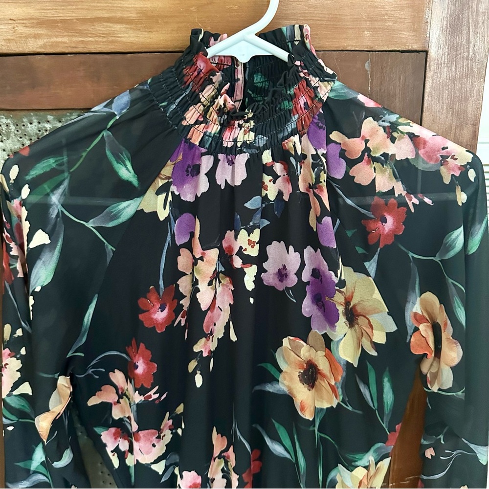 Yumi Kim Class Act Long Sleeve Floral Mock Neck Ruffle Mini Dress Black XS - Picture 5 of 8